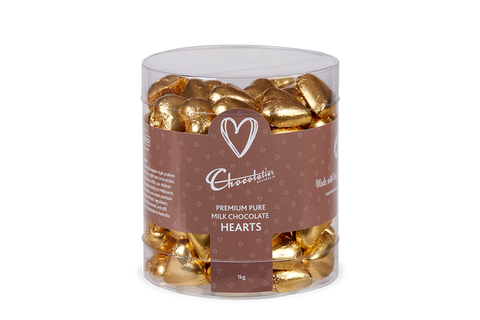 Chocolatier - Wrapped Bulk Chocolate Hearts Plain Gold Tub 1kg (Milk) Approx. 120