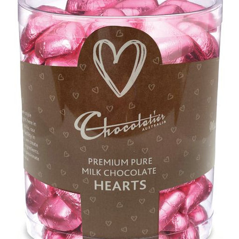 Chocolatier - Wrapped Bulk Chocolate Hearts Pink Tub 1kg (Milk) Approx. 120