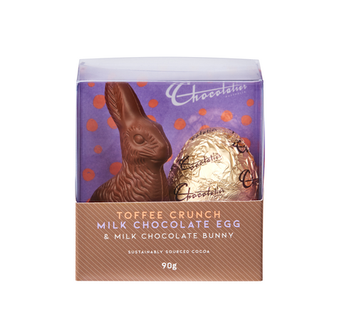 Chocolatier Australia - Toffee Crunch Milk Egg & Milk Bunny 90g x 12