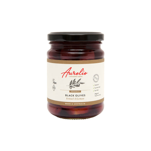 Riverina Grove - Aurelio Organic Fennel & Lemon Black Olives 240g x 6 (BEST BEFORE 10TH AUGUST 2024)